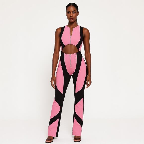 NEW Fashion Nova Rolling Up Pink Black Colorblock Sleeveless Cutout Jumpsuit S - Picture 1 of 9